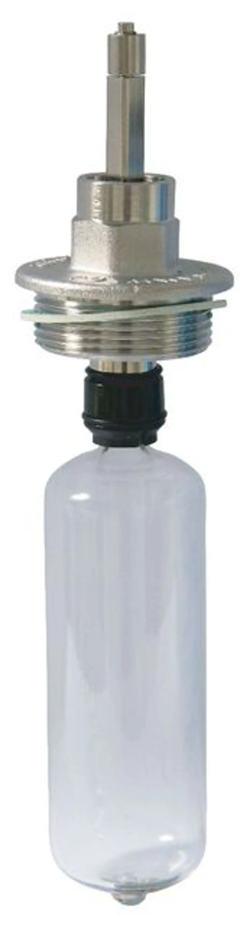 Schwimmerteil von Syr mit metallischer Oberseite und transparenter Kunststoffflasche, zur Regulierung des Wasserstands in einem Wasserstandbegrenzer.